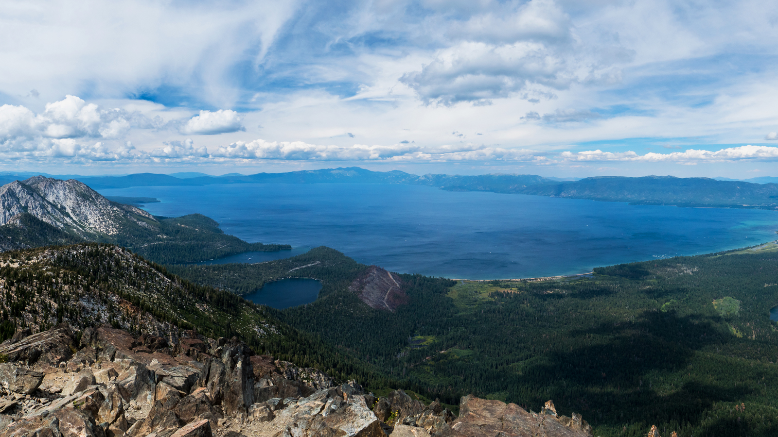 Lake Tahoe and surrounding mountains viewed from above